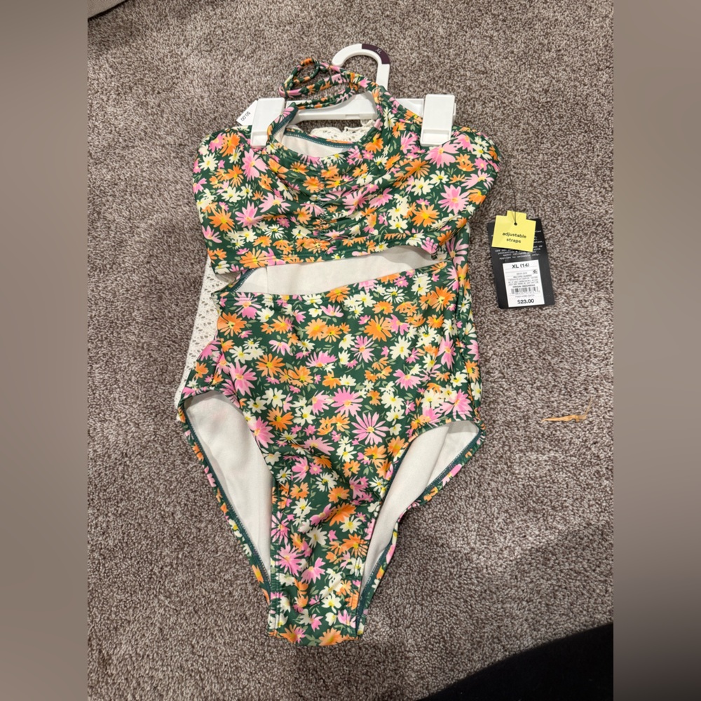 Green Floral Kids One-Piece halter Swimsuit with cover up skirt